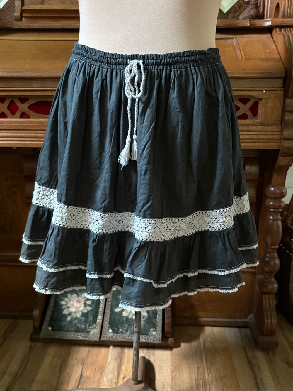 Boho Tiered Grey Cotton Skirt with Crochet Trim